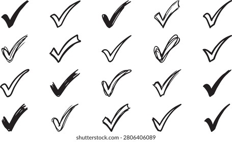 Assorted hand drawn tick marks in black color. Ink sketch style icons for checklist and task completion indicators.