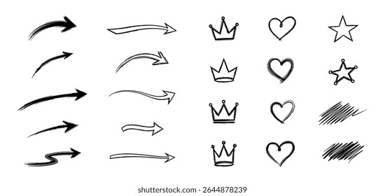 Assorted Hand Drawn Vector Icons with Arrows, Crowns, Hearts, Stars, and Lines