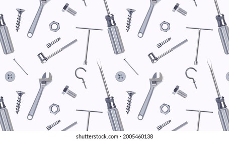 Assorted hand tools pattern on white background.