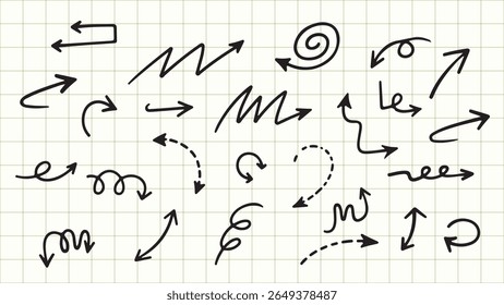 Setas de doodle sortidas desenhadas à mão no plano de fundo da grade quadrada