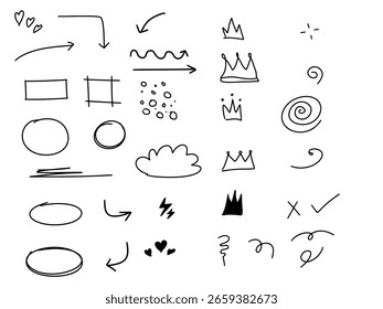 Os rabiscos sortidos desenhados à mão incluem setas, formas, coroas, redemoinhos e acentos