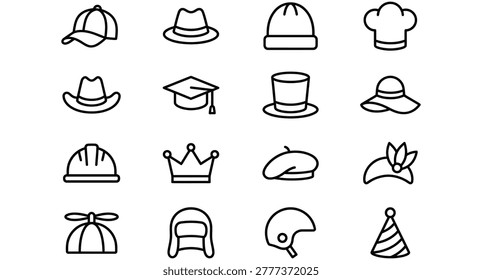 Assorted headwear icons including formal hats winter beanies protective headgear crowns and academic caps in simple line style.