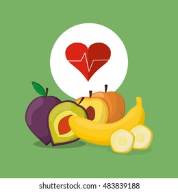assorted healthy food and heart cardiogram icons image 