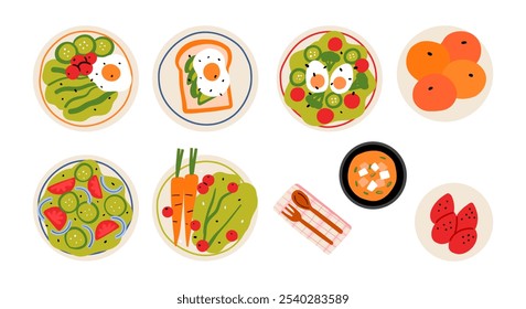 Placas e tigelas de alimentos saudáveis sortidos. Uma coleção de nove itens de alimentos coloridos, incluindo sopa de frutas de saladas e utensílios perfeitos para promover a alimentação saudável