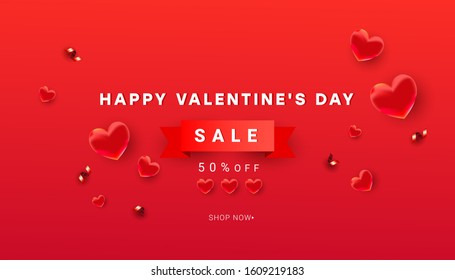 Assorted heart decor and shiny glitter confetti, red ribbon with text on a red background