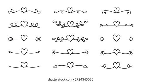 Diversos divisores de línea del corazón, florituras caligráficas, bordes románticos de la flecha, Formas mínimas del doodle, sistema del Vector