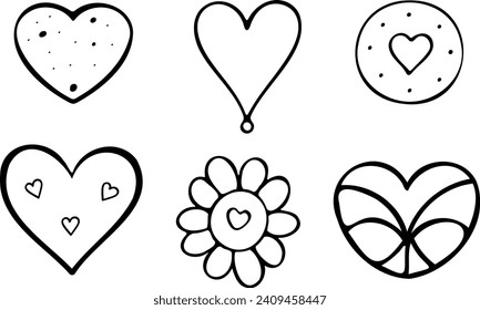 Assorted Hearts with Circles, Dots, Daisy with Heart in Doodle Style for Valentines Day Coloring Illustration