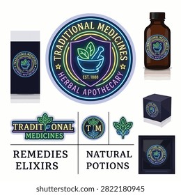 Assorted herbal remedy branding elements for traditional medicines apothecary