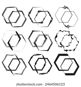 Assorted hexagonal frames set. Black and white geometric borders. Vector decorative designs.