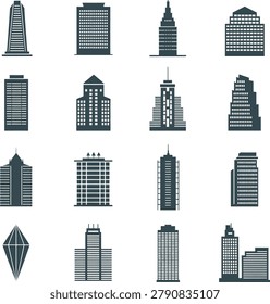 Assorted highrise building and skyscraper icons showcasing various architectural styles and designs in monochrome silhouette format