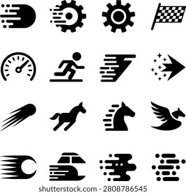 Assorted highspeed and motionthemed icons featuring racing sports cars horses and athletic figures