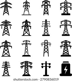 Assorted highvoltage power line towers and electrical transmission icons in monochrome design perfect for industry and technology graphics