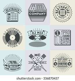 Assorted Hip-Hop Music Insignias Logotypes Template Set. Line Art Vector Elements.