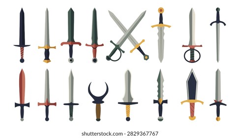 Assorted historical swords with different designs and hilts