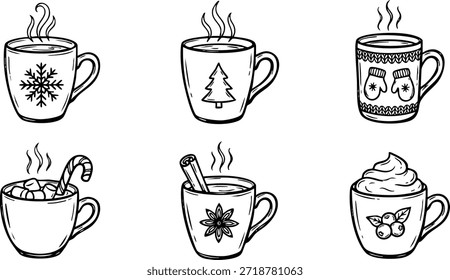 Assorted holiday beverages in decorative cups and mugs, some with festive designs and steam rising, presented in a clean illustrated style.