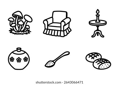 Assorted Home Decor Vector Line Art Illustration for Interior Design and Lifestyle