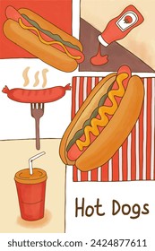 Assorted Hot Dog Illustrations Featuring Condiments, Grill, and Drink