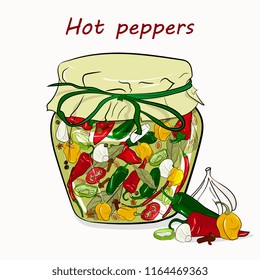 Assorted hot peppers in a glass jar. Hand drawing. Garlic, hot pepper, green, yellow, red, cloves, pepper, bay leaf, tubby. Preserving, homemade food.