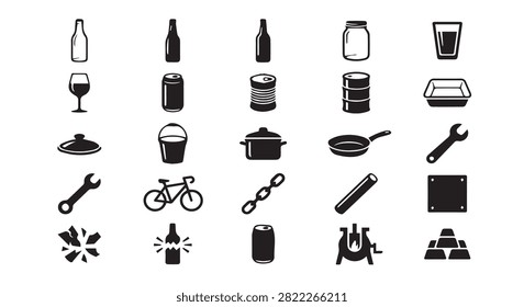 Assorted household containers and industrial hardware items silhouette icons