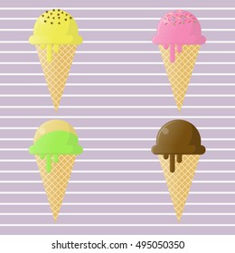 Assorted Ice Cream Cone,Dark Chocolate, Pink Strawberry, Yellow Banana and Green Tea Flavor