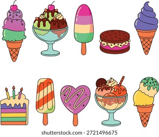 Cones sortidos de sorvete picolés e conjunto de ilustração de vetor de bolo