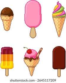 Ícones sortidos de sorvete no estilo pixel art no fundo branco. Inclui picolés, cones, colheres e redemoinho. Coleção de sobremesa divertida e nostálgica. Ilustração vetorial.