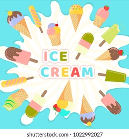 Assorted ice cream on light yellow and blue background and splash with place for text. Vector illustration for ad banners posters menu