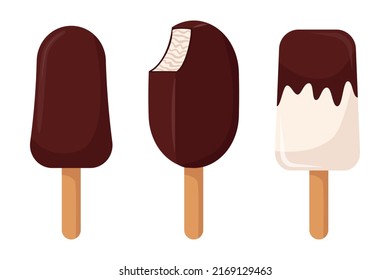 Assorted Ice Cream. Ice Cream In Pink Glaze On Stick, White Background. Vanilla Fruit Popsicle In Chocolate. Bitten Ice Cream. Sweet Summer Dessert. Eskimo Pie. Vector Illustration In Cartoon Style