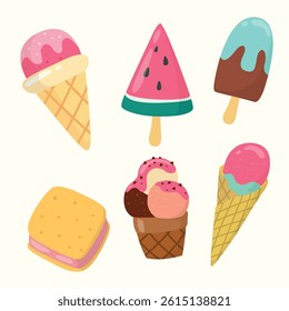 Assorted Ice Cream and Popsicle Vector Set with Waffle Cone and Sandwich
