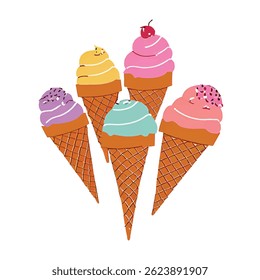 Assorted Ice Cream Scoops on Waffle Cone Illustration