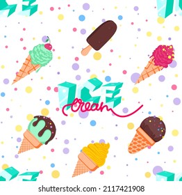 Assorted ice cream seamless pattern. Colorful various ice cream in flat cartoon style.
