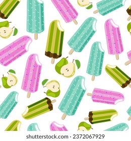 Assorted ice cream seamless pattern. Pear flavor. Green and violet colors on white background.