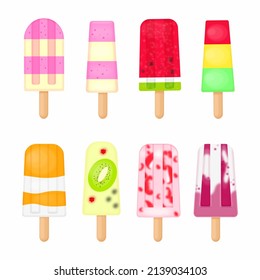 Assorted ice cream, sweet summer popsicles on a stick, with different flavors, watermelon, kiwi, mango, vanilla, for web design or printing on textiles, postcard or packaging, vector illustration