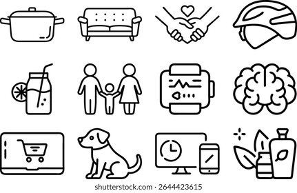 Assorted Icon Set Representing Health, Lifestyle, and Daily Activities
