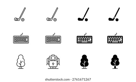 Assorted icons featuring golf clubs, keyboards, trees, and a robot.