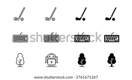 Assorted icons featuring golf clubs, keyboards, trees, and a robot.