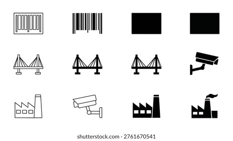 Assorted icons representing industrial elements, surveillance, and infrastructure.