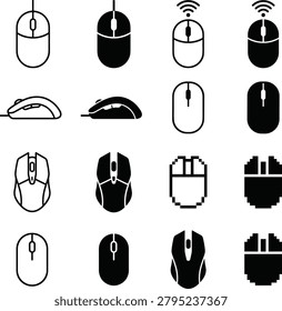 Assorted icons show wired wireless mice in multiple shapes and color schemes