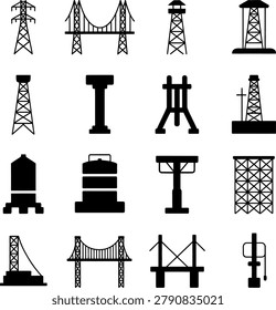 Assorted industrial and architectural icons featuring power lines bridges towers and storage tanks in monochrome design
