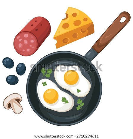Assorted ingredients for making an omelette arranged from above hand drawn cartoon style