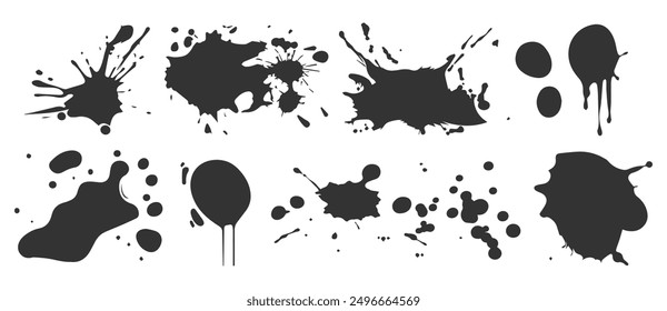 Assorted inkblots, organic blobs, and speck shapes in a vector black silhouette set.