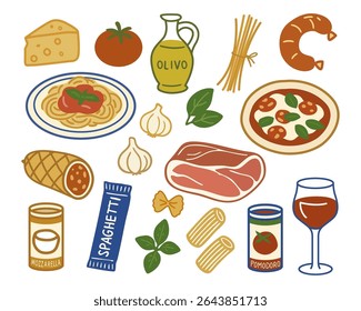 Pratos italianos sortidos com queijo, copo de vinho, sopa, salame, azeite, tomates enlatados, carne, espaguete, para um tema de cozinha rica. Ilustração de conjunto de vetores desenhados à mão.