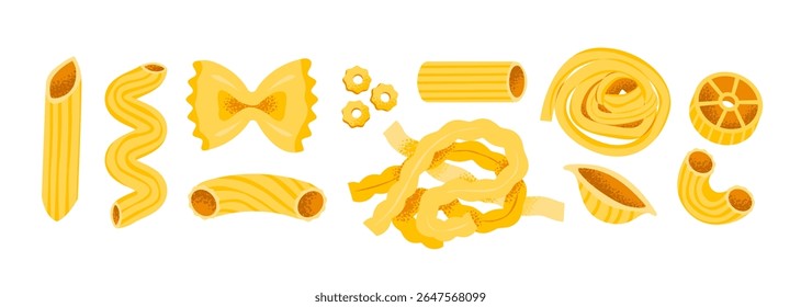 Vários tipos de massas italianas, incluindo espaguete, ravioli e fusilli. Ideal para cardápio, nutrição e gourmet, restaurante, cozinhar. Ilustração de vetor plano.