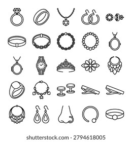 Assorted jewelry icons including rings necklaces and watches with necklace