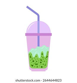 Assorted juice and bubble tea bottles with fruits and straws. Summer cool drinks