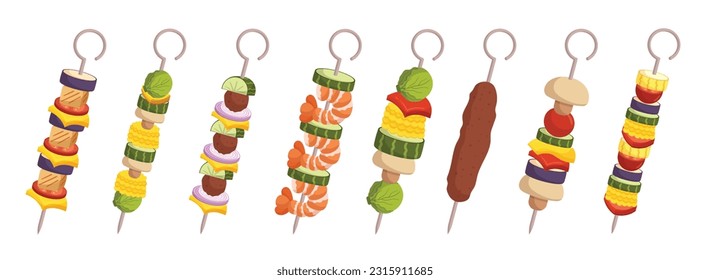 Assorted Kebab Selection Featuring Grilled Juicy Chicken, Tender Beef, Succulent Lamb, And Flavorful Vegetable Skewers, For A Diverse And Delicious Dining Experience. Cartoon Vector Illustration