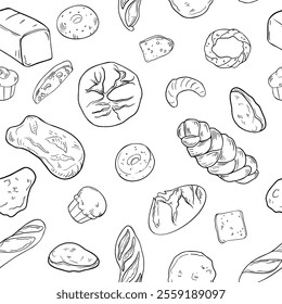 Assorted kind of bread black white vector seamless pattern. Loaf bread, challah, rustic rye round, ciabatta and buns in line art. Bakery goods on monochrome repeat background for packaging, textile.