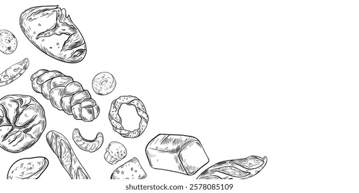 Assorted kind of bread black white vector frame. Loaf bread, challah, rustic rye round, ciabatta and buns outline drawing on board. Bakery goods on monochrome background for corner packaging, signage.