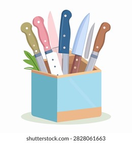 Assorted kitchen knives with colorful handles placed in a blue holder alongside fresh green herbs, ideal for cooking and culinary preparation.