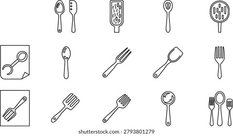 Assorted kitchen utensil including spoons, forks, and spatulas in a minimalist black and white line style set